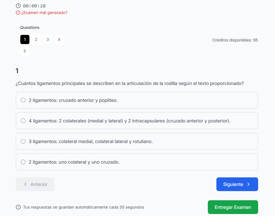 Interfaz del examen en acción