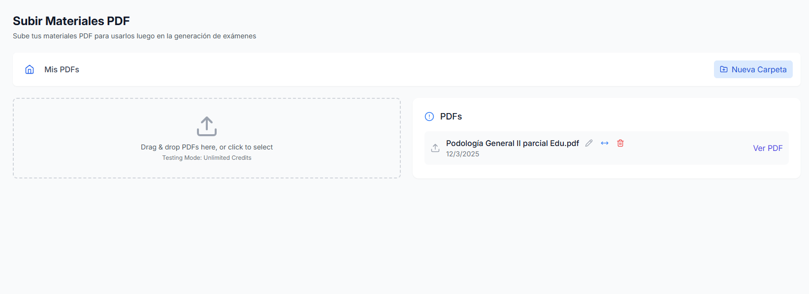 Interfaz de subida de PDFs