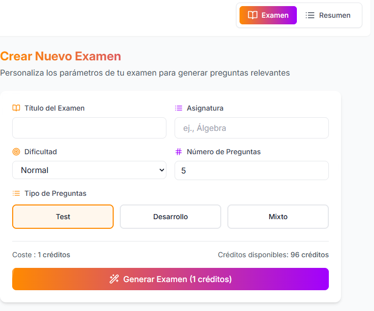 Interfaz de creación de exámenes